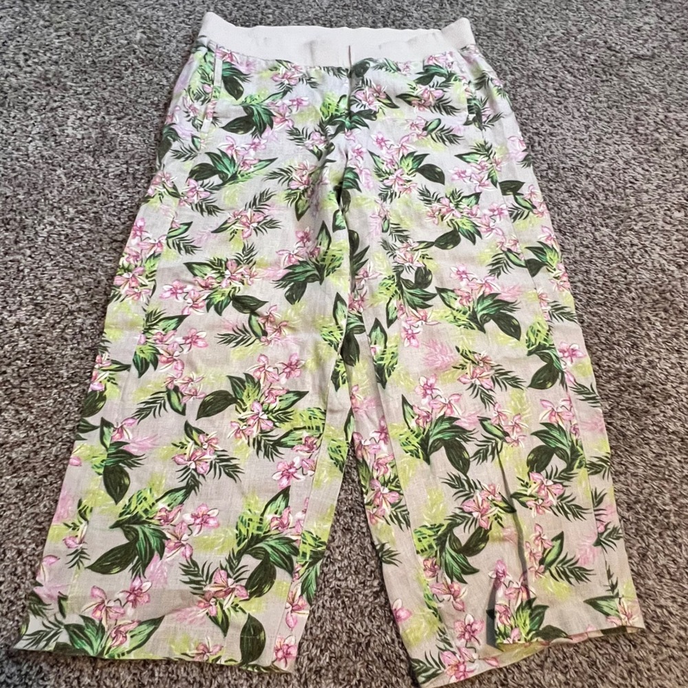 J.Jill Love Linen Pink Green Tropical Floral Wide Leg Crop Pants Womens Medium‎